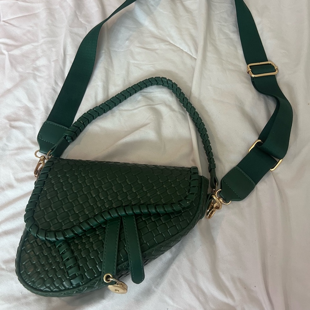 Forest Green Crossbody Saddle Bag with Woven Texture